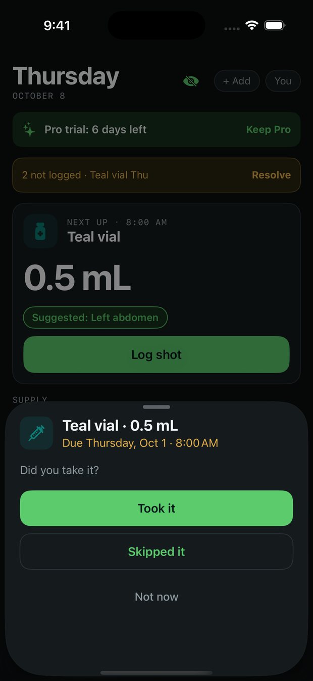 VialBook Resolve sheet asking whether you took a missed dose