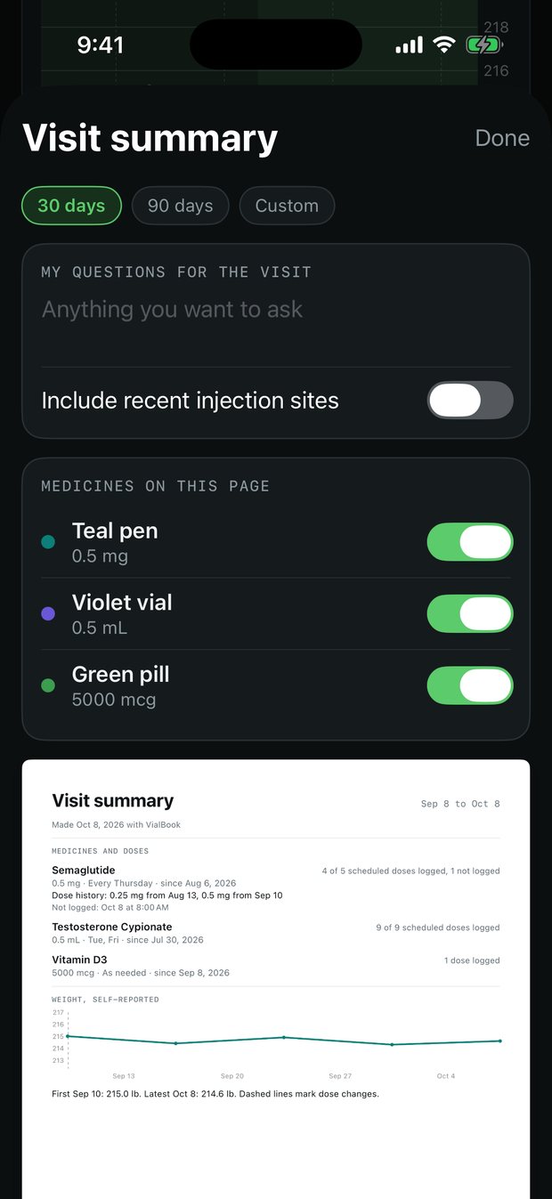 VialBook visit summary: choose which medicines go on the page